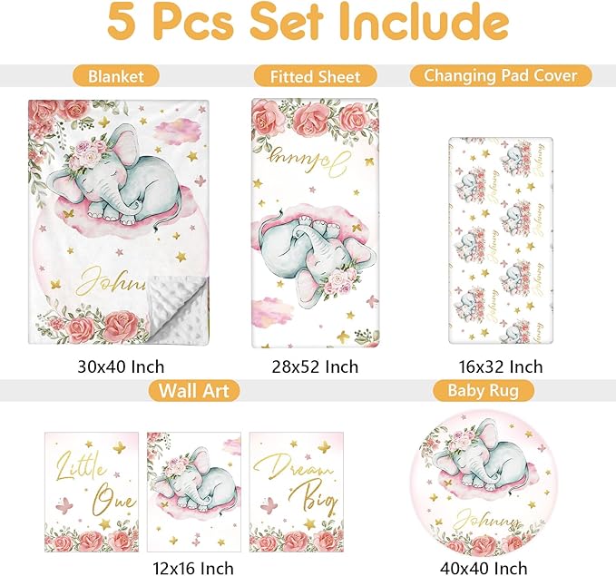 Custom Baby Crib Bedding Set, 5 Pcs Personalized Name Baby Crib Sets for Infant Toddler, Floral Elephant Nursery Bedding Set for Baby Girls, Double Layer Baby Bedding Sets Customized Gifts