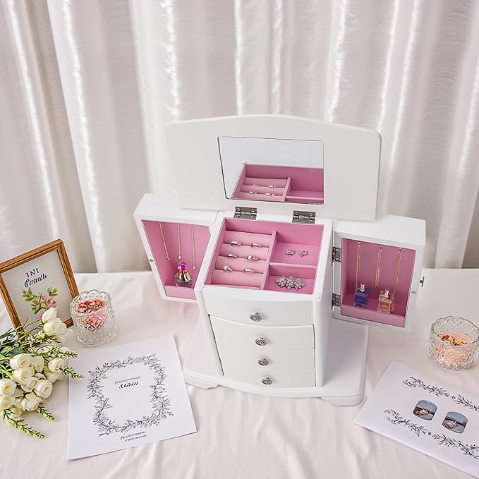 Jewelry Box,White Wooden Jewelry Box With Top Mirror, Jewelry Organizer Wooden Is Suitable For Storing Rings,Bracelets,Necklaces Etc