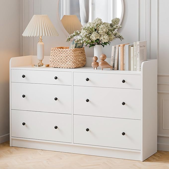 Cozy Castle Baby Dresser with 6 Drawers and Large Table Top, Multi-Functional Chest of Drawer, Drawer Dresser with Three-Sided High Rails for Nursery, Children's Room, Bedroom, White