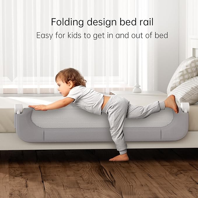 Folding Bed Rail for Toddlers,Baby Bed Rail Guard with Reinforced Anchor Safety System,Fit Bunk,Full Size,Queen,King,Twin(Grey,71"x23.6")