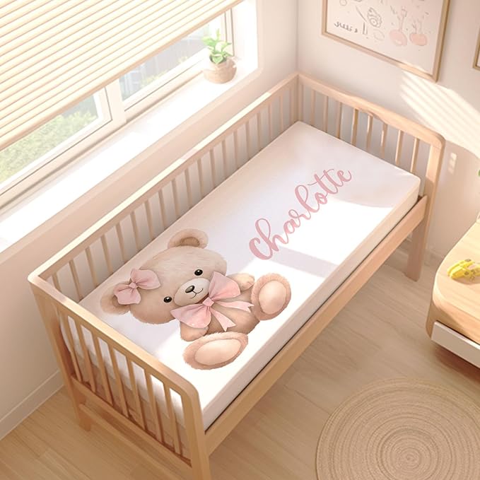 Custom Name Baby Girl Crib Bedding Set – Personalized 3-Piece Bear with Pink Bow Nursery Set with Soft Blanket, Fitted Crib Sheet & Pillowcase – Infant Toddler Bedding Gift for Newborn