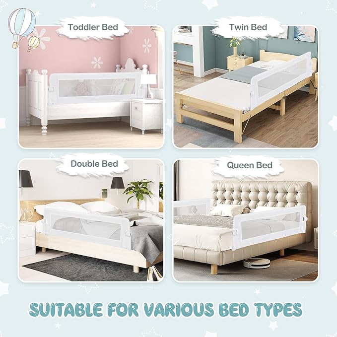 BABY JOY Double Sided Bed Rail Guard, 2 Pack, Extra Long, Swing Down for Convertible Crib, Folding Baby Safety Bedrail for Kids Twin Full Size Queen King Mattress, Rails for Toddlers (White, 60")