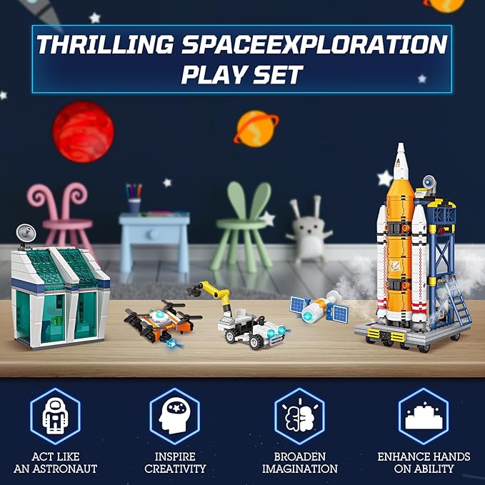 Exploratory Building Blocks Set: 461PCS Rocket, Space Shuttle, Moon Buggy, and Satellite Kit - STEM Learning with Space Capsule - Ideal for 6-12 Year Old Boys