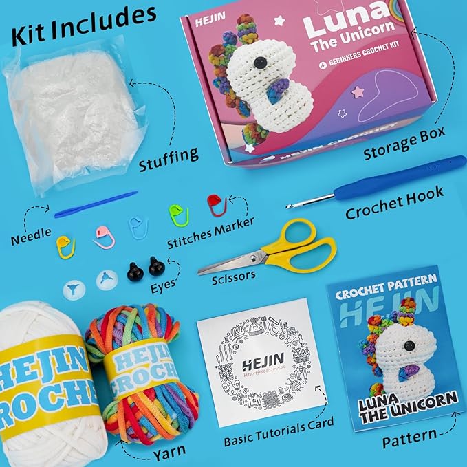 Crochet Kit for Beginners, Unicorn Crochet Kits for Kids and Adults Include Rainbow Yarn, Videos Tutorials, Eyes, and Crochet Hook - Crochet Animal Kit, Beginner Crochet Kit - Gift for Birthdays