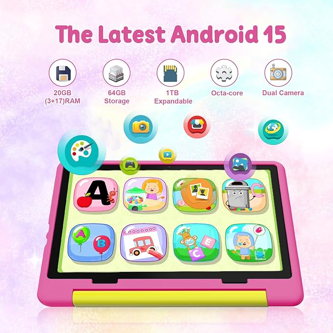Kids Tablet,Android 15 Tablet with HD Display,10.1 inch,Parental Control & Kids Mode, Octa-Core, GMS Certified,20GB RAM 64GB ROM,1TB Expandable, 5000mAh Battery, Dual Camera, Protective Case,Pink