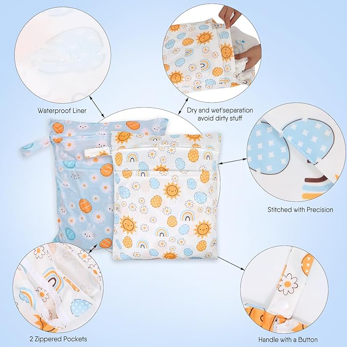 2pcs Travel Waterproof Laundry Bag, Cloth Diaper Wet Dry Bags with Handle 2 Zipper Pockets Washable Dirty Clothes Travelling Hanging Bathing Beach Daycare Yoga Gym Sports Exercise Swimsuits