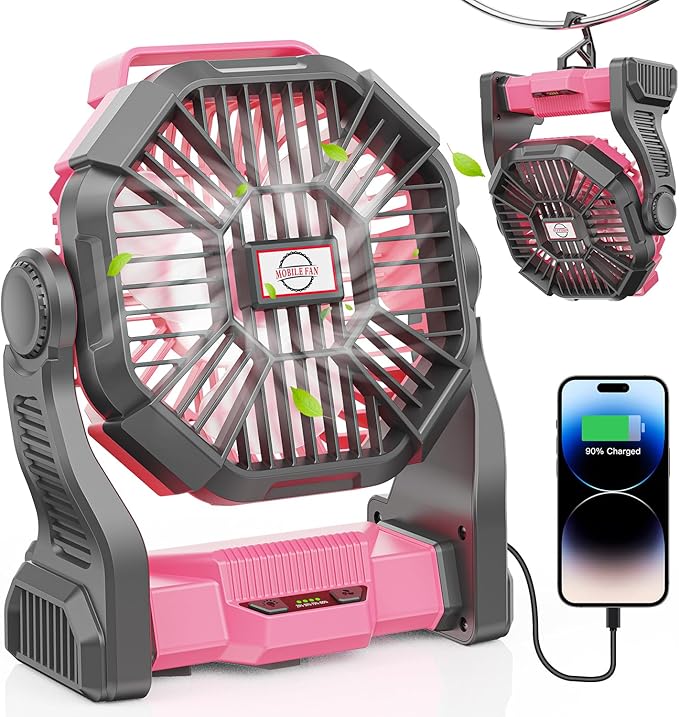 15000mAh Portable Battery Powered Camping Fan - with LED Light, Quiet Battery Operated, Camping Gear for Travel, Tent, Beach, Car or Hurricane Power Outages, Pink