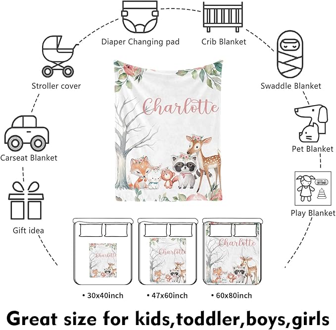 Custom Nursery Crib Bedding Set: Personalized Name 4 Piece Sika Deer & Fox Pattern Baby Crib Sets for Girls - Toddler Double Layer Blanket Set, Comfortable Crib Bed Sheets for Baby Toddlers