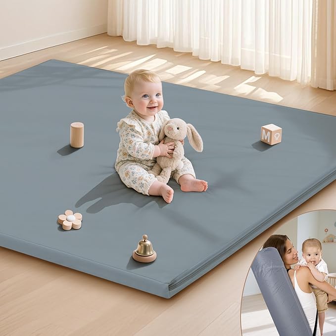 Baby Play Mat 47x47 Inches, Extra Thick 1.2" Foam Floor Mat for Tummy Time & Crawling, Waterproof Non-Slip Faux Leather Playpen Mat for Infants Toddlers, Indoor Outdoor Gym Activity, Blue