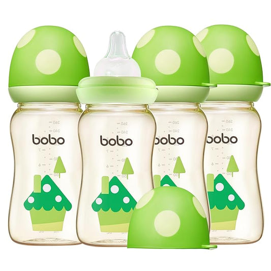 YOHKOH PPSU Baby Bottle Wide Neck, Newborn Anti-Colic Baby Bottle with Natural Response Nipple, Streamlined Body, Easy to Clean (8.8oz (Pack of 4), Green)