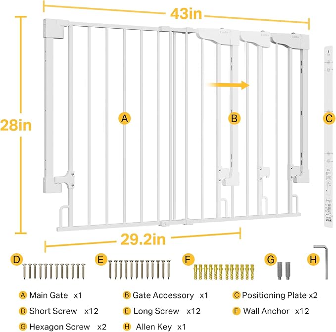 Cumbor 29.2-43" No Bottom Bar Baby Gate for Stairs, 2-in-1 Hardware Mounted Dog Gate Indoor, Auto Close Pet Gate for Doorways with Large Walk Thru Door, Wide Child-Proof Safety Gates for Kids (White)