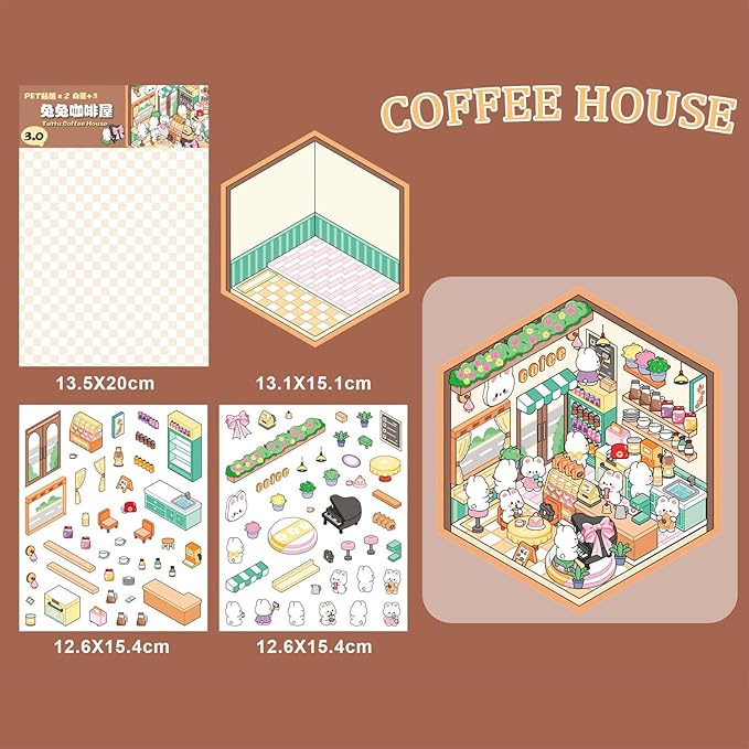 4 Sets DIY 3D House Stickers,Make Your Own Warm Home,Fun Cute Cartoon Stickers Scene Make Your Own Mini Room Scenes Miniature Supermarket for Relief Stress Pass The Time