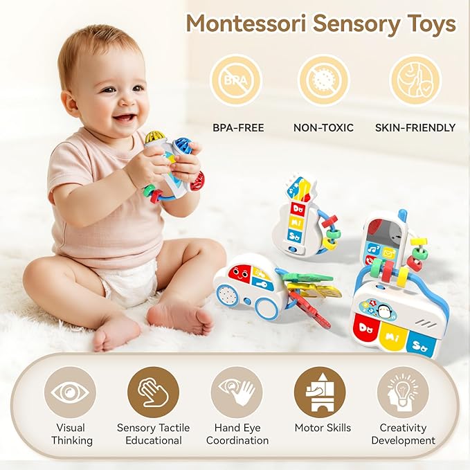 Baby Toys 0-6-12 Months: 5 in 1 Infant Musical Rtattle Teething Toys Sensory Learning Toys with Sounds, Newborn Shower Gifts for Boys & Girls