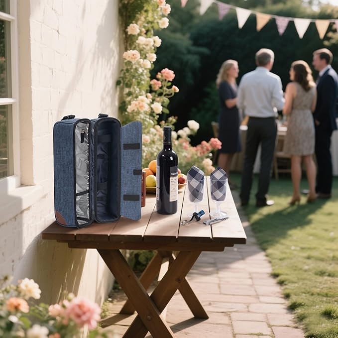 ALLCAMP Wine Bag - Insulated Cooler Bag with Wine Glasses, Bottle Opener & Wine Accessories for Wine Lovers - Portable Wine Gift Bag for Travel, Picnics, and Gift Ideas(Blue)