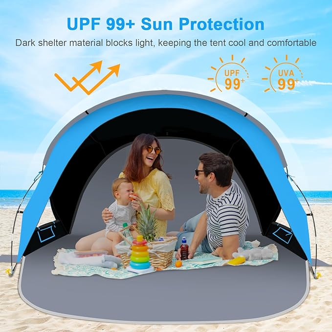 Gorich Beach Tent Sun Shelter with UPF50+ UV Protection for 3/4-5/6-7 Person, Lightweight & Portable Beach Shade Canopy with 2 Zippered Doors, Easy Setup Family Beach Umbrella