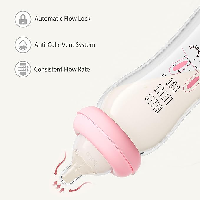 YOHKOH Natural Glass Baby Bottle with Natural Response Nipple, Newborn Anti-Colic Baby Bottles, Wide Neck Mushroom Cap Baby Bottle, Clear (8.8ounce (Pack of 2), Red1)