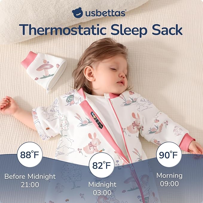 Baby Sleep Sack 12-18 Months, Cotton Detachable Long Sleeve Sleep Sack, 2.5 Tog Toddler Sleeping Sack with Temperature Strips, 2-Way Zipper Wearable Blankets for Newborns, Bunny
