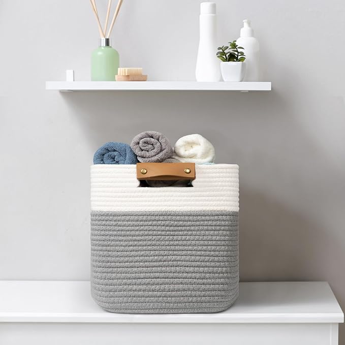 danpinera 3 Pack 11"x11" Woven Basket for Organizing, Square Storage Baskets for Pillows, Towels, Toy, Clothes, Magazines, Decorative Storage Cubes for Bedroom, Living Room, Classroom, Grey