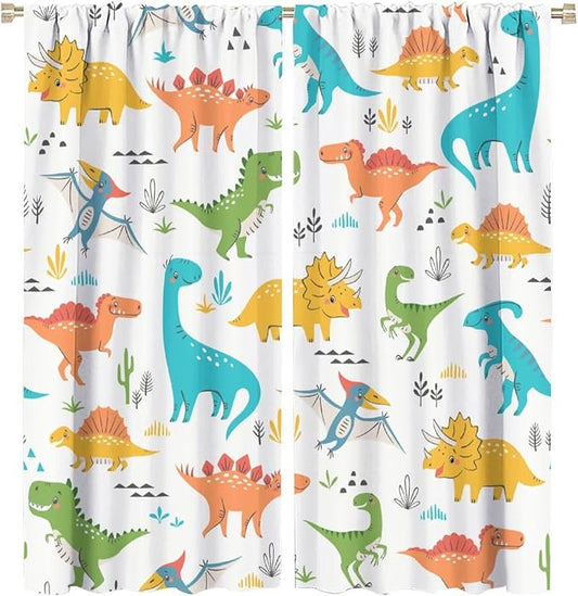 Kids Dinosaur Curtains for Boy Girl Bedroom Decor Cartoon Dino Colorful Cute Funny Animal Wildlife Printed Blackout Rod Pocket Window Drapes for Baby Nursery Playroom Living Room W31.5xL72in 2 Panels