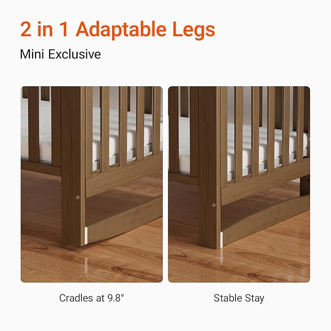 EvoNest Baby Crib, 6 in 1 Convertible Mini Crib with Wheels, 100% New Zealand Wood Growing Bed, 4 Adjustable Mattress Height，Walnut Brown (Walnut Brown)