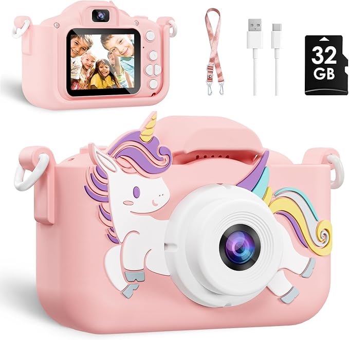 Kids Camera, Toys for Toddlers Age 3-8 Year Old Girl Christmas Birthday Gifts, Children Digital Camera with Cartoon Soft Silicone Cover and 32GB Card (Sakura Pink)