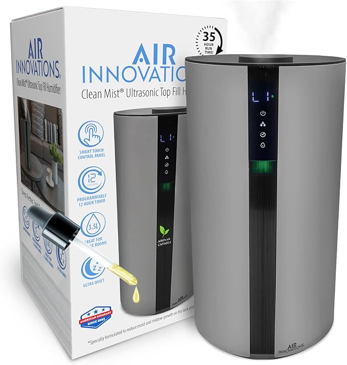 Air Innovations AI-104 Ultrasonic Cool Mist Humidifier for Large Bedroom – Quiet Cool Diffuser with 3.5L Tank, 35-Hour Runtime, Auto Shut-Off, Top-Fill Design – Ideal for Home, Baby, & Plant Rooms