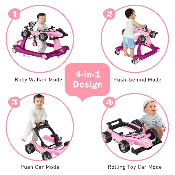 BABY JOY 4-in-1 Baby Walker, Foldable Activity Walker with Adjustable Height & Speed, Music, Lights, Steering Wheel, Comfy Seat Cushion, Activity Baby Push Walker for Boys Girls Aged 6 –18 (Purple)