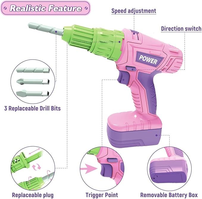 Kids Construction Tool Set for 3 4 5 6 7 Year Old Boys Girl,Pink Preschool Pretend Play Tool,Pretend Play Tools Set Toddler Toys,with Electric Drill Chainsaw、Electric Drill,Toy Tools Gifts for Kids
