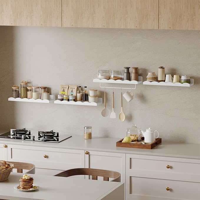 Fixwal Nursery Shelves, 16.5 Inch Floating Bookshelves for Wall Set of 4, Scalloped Wall Book Shelves with Towel Rack for Kids, Toddler Room, Baby Room, Nursery Decor and Storage(White)