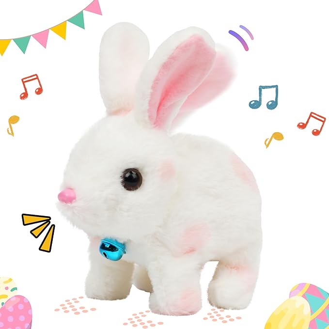 Easfan Bunny Plush Toy Jumping Spotted Rabbit Talking Hopping Ears Nose Moving Educational Plush Toy Singing Shaking Glowing Interactive Toy Electric for Toddlers Kids