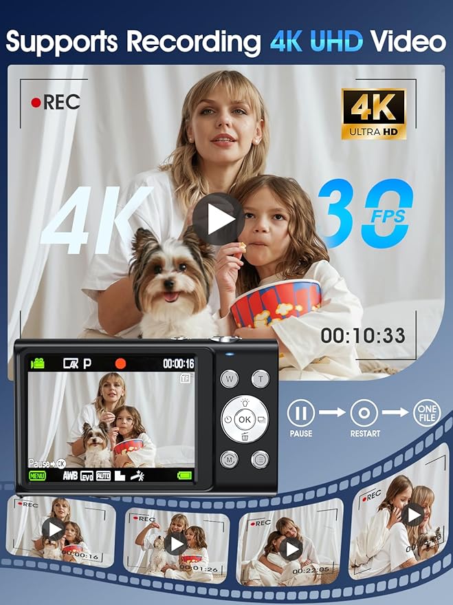 Digital Camera,Autofocus 4K Vlogging Camera for Photography with 32GB Card,48MP Portable Compact Point and Shoot Digital Camera for Teens Adult Beginner with 16X Zoom,Anti-Shake,2 Batteries(Black)