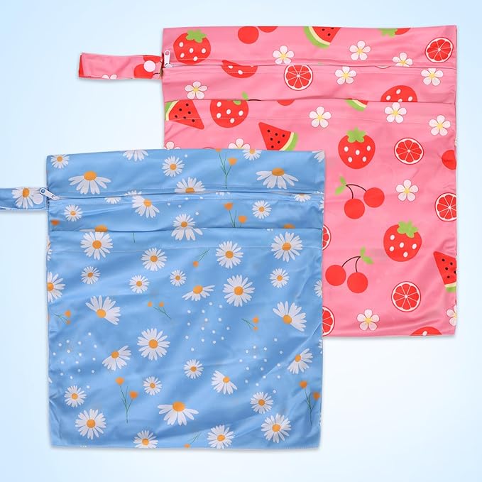2pcs Cloth Diaper Wet Dry Bags, Waterproof Reusable Wet Bag with 2 Zipper Pockets & Handle, Washable Laundry Bags for Baby Adult Clothes Travel Beach Pool Daycare Yoga Gym Exercise Swimsuits,