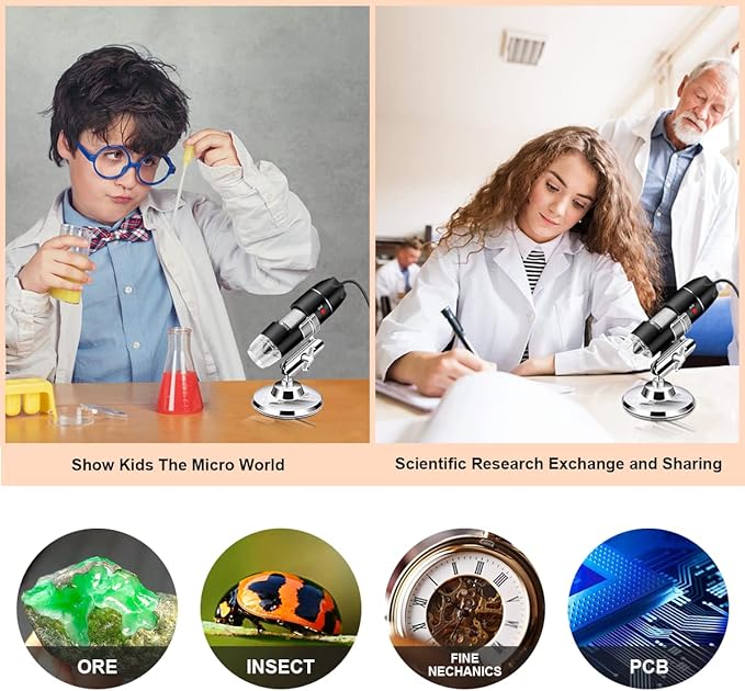 Digital USB Microscope Camera, 40X to 1000X, with Metal Stand & Carrying Case, Compatible with Android, Windows, Linux, Mac, Portable for Kids, Students, Adults