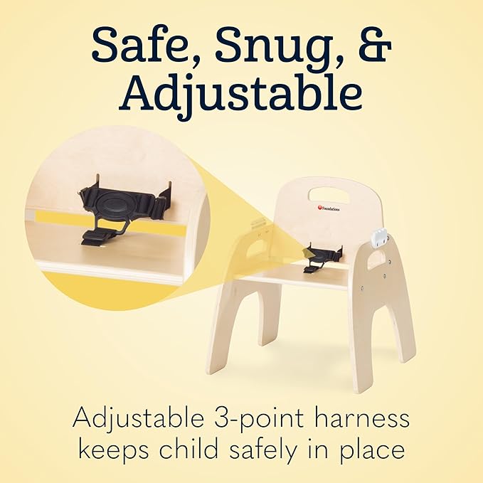 Foundations Easy Serve Low Wood Feeding Chairs Multipack, Adjustable Harness, Removable Dishwasher Safe Tray, No-Tip Base, Stackable Toddler Chairs, 2 Pack (5 inch)