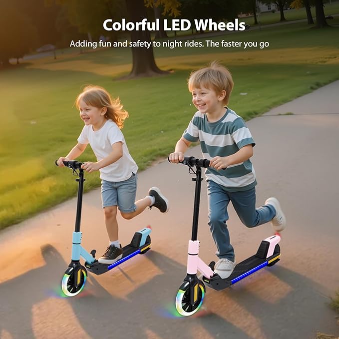 Electric Scooter for Kids Ages 6-12， Max Speed 6.5MPH, max Range 6Miles， with Acceleration Throttle and Electronic Brake， Foldable and Height Adjustable Kids Electric Scooter