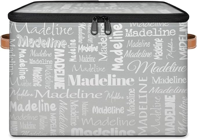 Custom Storage Basket with Name, Personalized Storage Bins with Zipper Lid, Foldable Fabric Storage Box Large capacity with Handle Grey