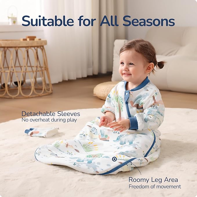 Baby Sleep Sack 6-12 Months, Cotton Detachable Long Sleeve Sleep Sack, 2.5 Tog Toddler Sleeping Sack with Temperature Strips, 2-Way Zipper Wearable Blankets for Newborns, Dinosaur