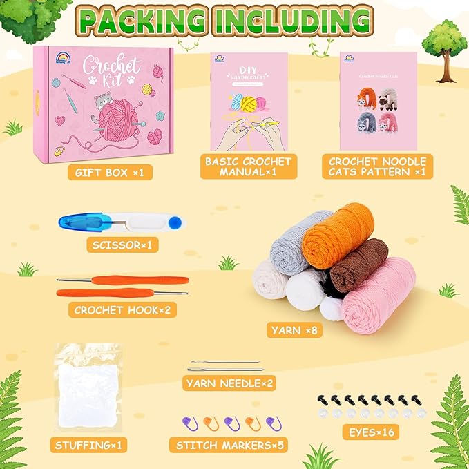 Crochet Kit for Beginners, 4 Pack Funny Cat Crochet Kits, Animal Starter Crochet Kit with Step-by-Step Video Tutorials, Easy DIY Cat Craft for Adults & Kids, Novelty Gift for Crochet Lovers