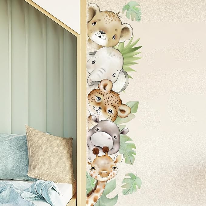 55.12 x 15.75 InchWatercolor Jungle Animal Wall Decals Tiger Elephant Zebra Giraffe Hippo Forest Wall Stickers Removable Peel and Stick Stickers for Baby Nursery Playroom Bedroom Classroom