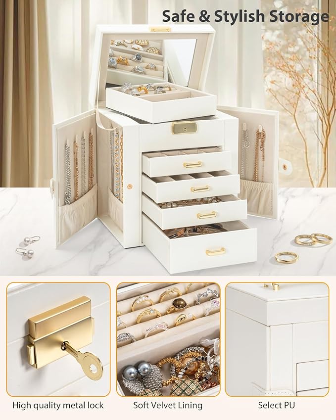 AKOZLIN 5-Tier Jewelry Box Leather Jewelry Storage Organizer with 4 Drawers Lockable for Women Girls Ring Necklace Earring Bracelet Watches Holder with Mirror White