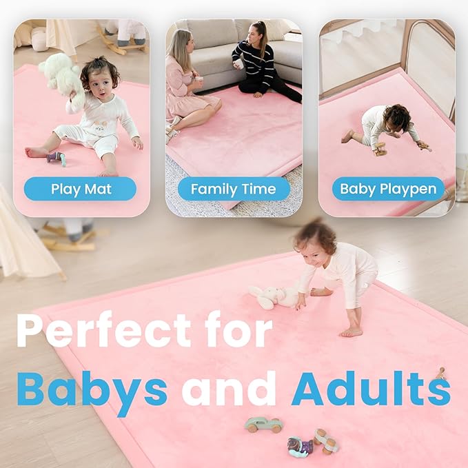 1.3" Thick Baby Play Mat for Floor Playpen, 71x79 Large Foam Tummy Time Mat, Padded Support Soft Plush Nursery Rug for Infant Kids Toddler Crawling Kick Activity (Pink)