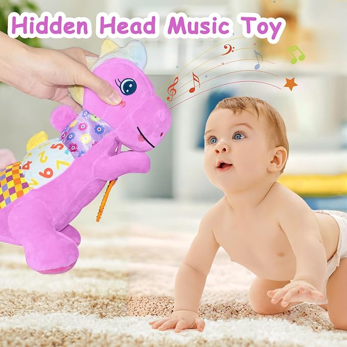 Baby Dino Plush Soft Stuffed Animal Toy for 0-3-6-12+ Months,Infant Musical Toy with Rattle,Squeaker,Sensory Crinkle,Teether & Textures,Toys for Christmas Baby Gift for Newborn Girl Boy (Purple)