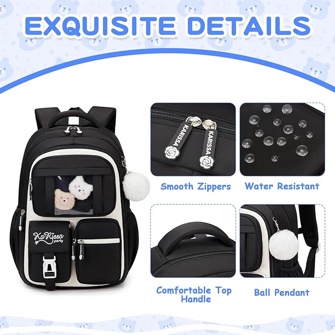 Kids Backpack for Girls - School Bags for Middle School Students - Book Bag for Elementary Primary - Kawaii Ita Backpack - Black and Beige