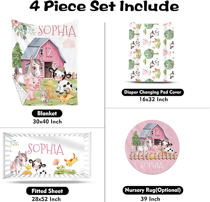 Custom Nursery Crib Bedding Set: Personalized Name 4 Piece Animal House Design Baby Crib Sets for Girls - Toddler Double Layer Blanket Set, Comfortable Crib Bed Sheets for Baby Toddlers