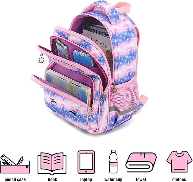 Cusangel Girls Backpack with Lunch Box Pencil Case,Cute Multi Compartment Preschool Elementary Primary Backpack for Girls Sky Unicorn 3pcs Backpack for Girls