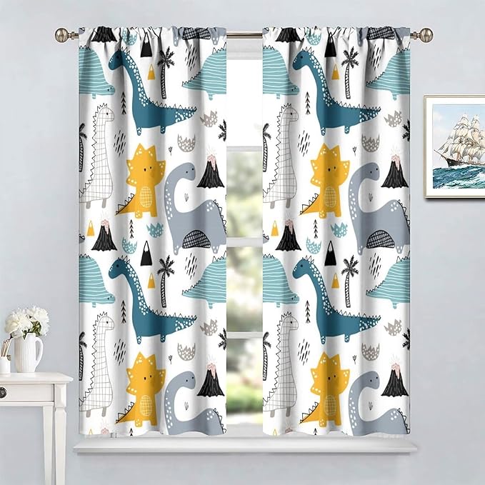 Kids Dinosaur Curtains for Boys Girls Bedroom Decor Cartoon Dino Colorful Cute Funny Wildlife Animal Printed Blackout Rod Pocket Window Drapes for Baby Nursery Playroom Living Room W26xL84in 2 Panels
