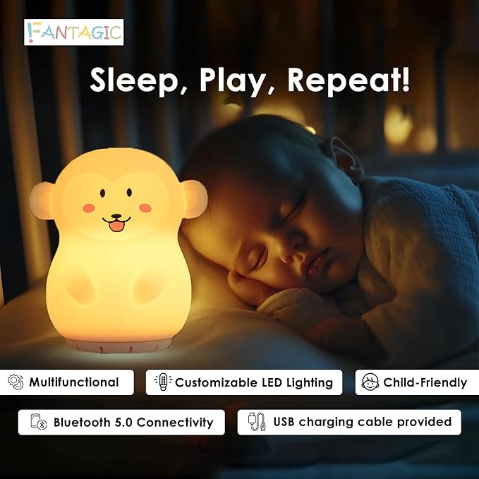 Combined Bluetooth Speaker & Nightlight With 9 Color Emissions, Child Friendly Silicone & BPA Free, USB Recharging, Receives Audio From Computer, Phone Or Tablet, and includes Remote Control (Monkey)