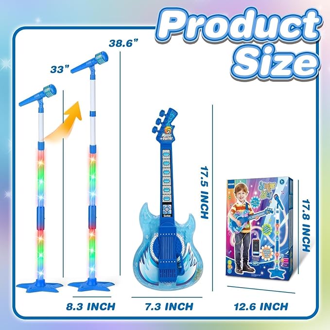 Kids Guitar and Microphone Set, Toy Guitar with Adjustable Volume and Strap, Microphone with Stand and Color Light, Toddler Musical Instrument for 3-5 5-9, Kids Karaoke Machine for Boy Girls(Blue)