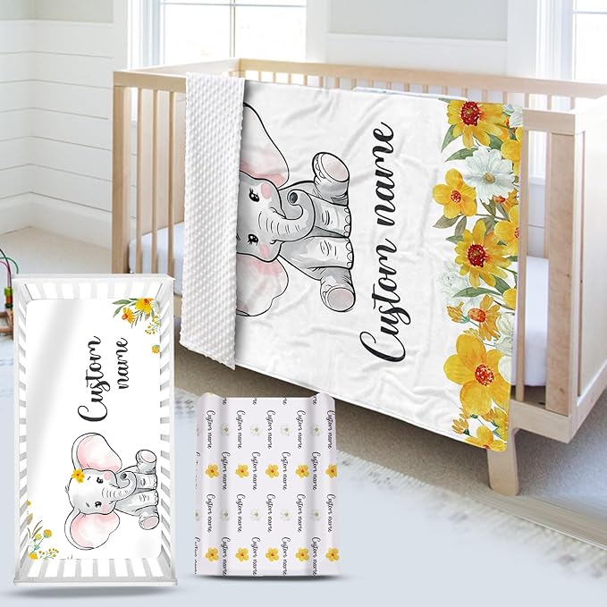 Custom Name Crib Bedding Set - Elephant Pattern, Personalized Yellow Floral Nursery Bedding 3-Piece Set– Soft Blanket, Fitted Sheet, Changing Pad Cover – for Newborns Girls Nursery Gifts