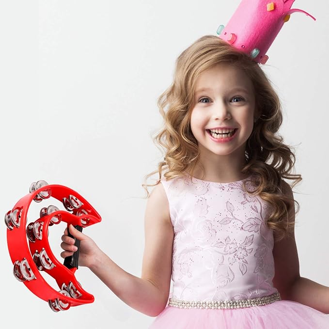 EastRock Double Row Tambourine,Metal Jingles Hand Held Percussion-Half Moon Tambourine for Kids, Adults, KTV, Party (Red)